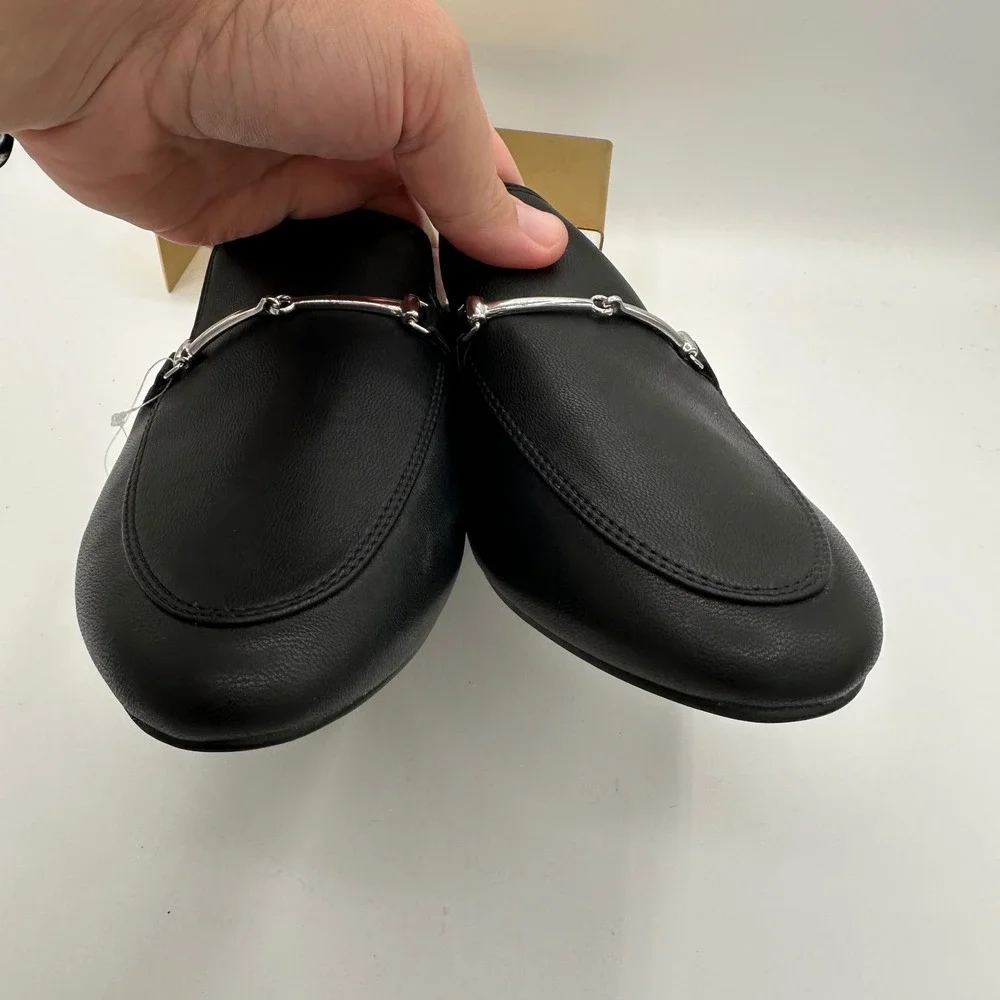 RACHEL ZOE Alani Black Faux Leather Mules Silver Horsebit Buckle Detail NWT 10 - Picture 10 of 12
